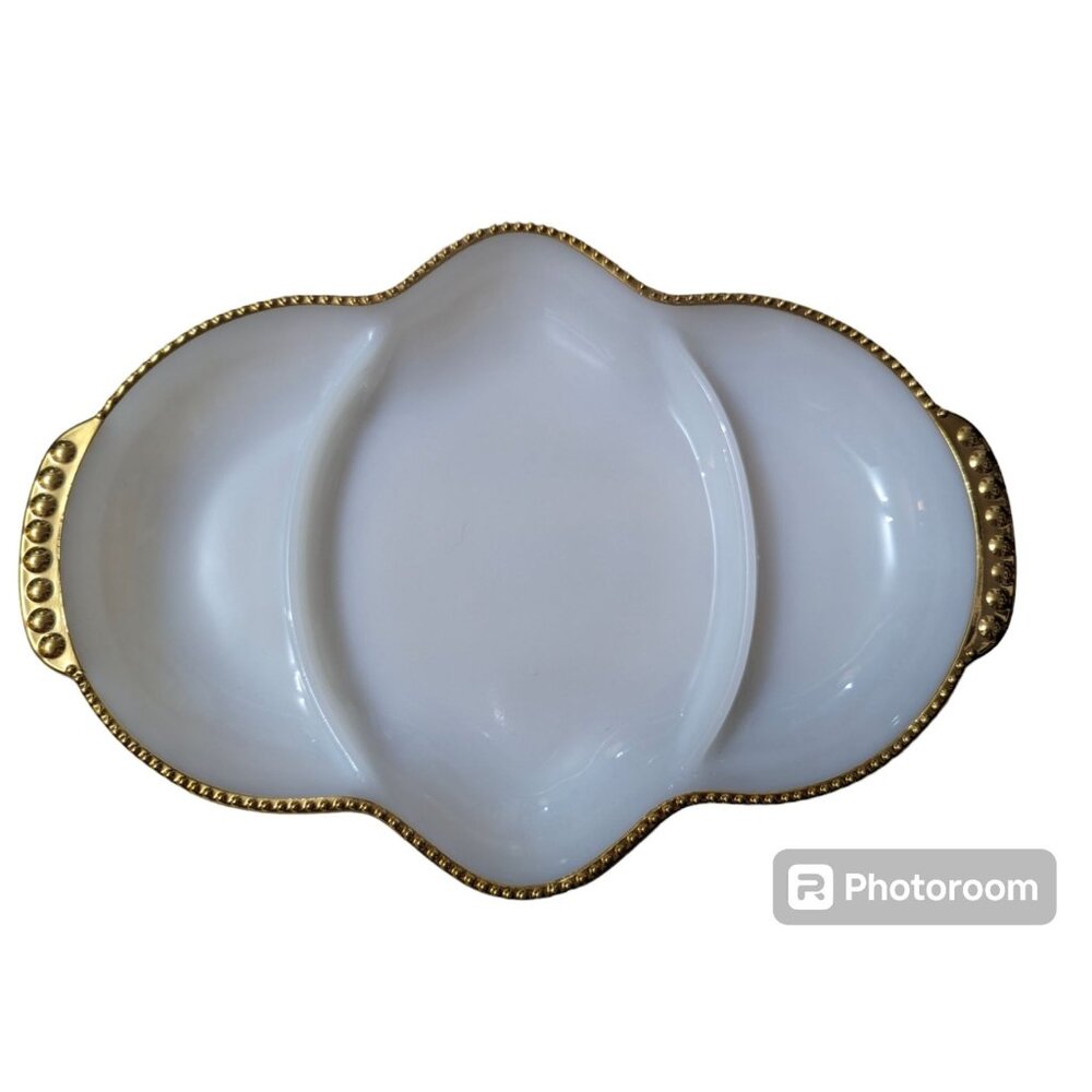 Fire King Milk Glass Divided relish tray gold tone hobnail rim 11x8‎ inch